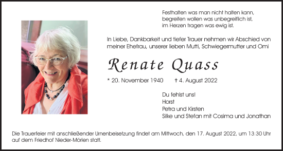 Traueranzeige von Renate Quass von Wetterauer Zeitung