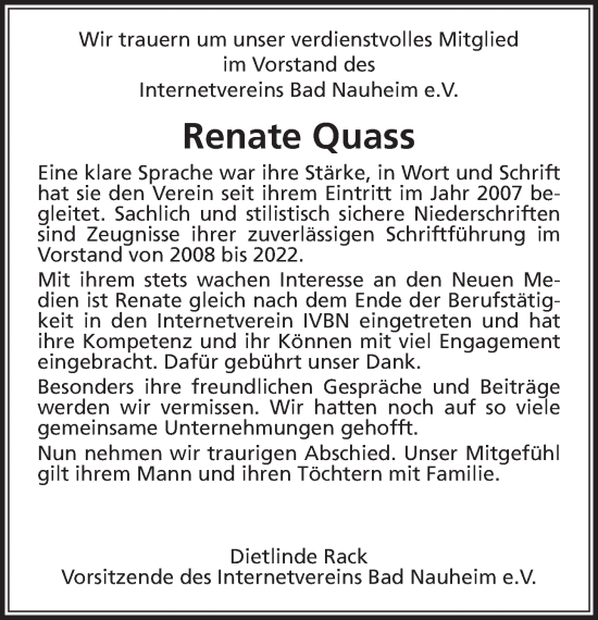 Traueranzeige von Renate Quass von Wetterauer Zeitung