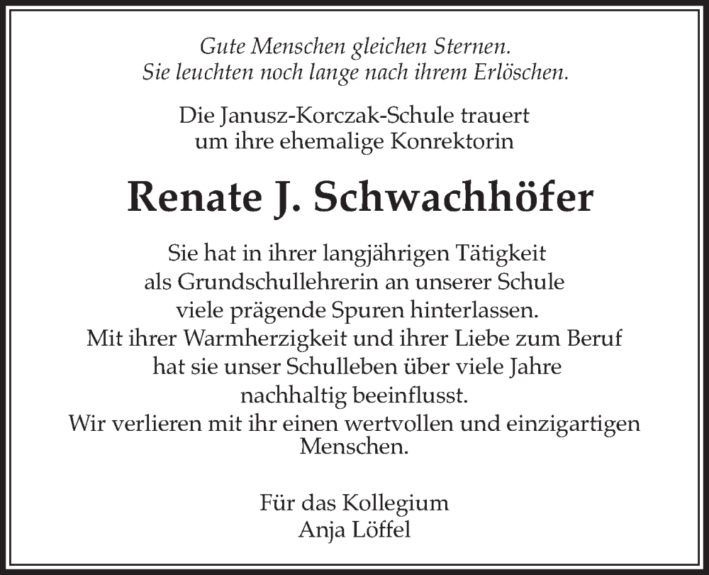  Traueranzeige für Renate J. Schwachhöfer vom 06.08.2022 aus Kreis-Anzeiger