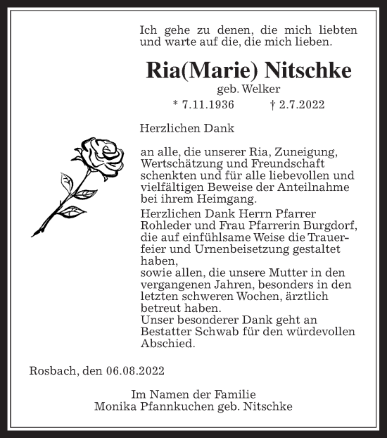 Traueranzeige von Ria Nitschke von Wetterauer Zeitung