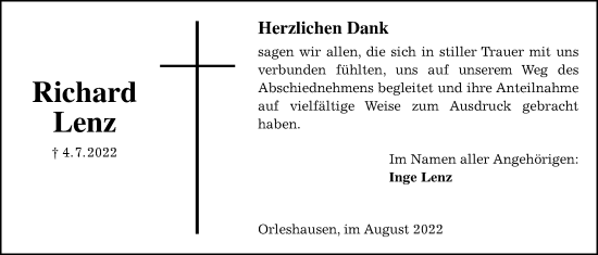 Traueranzeige von Richard Lenz von Kreis-Anzeiger