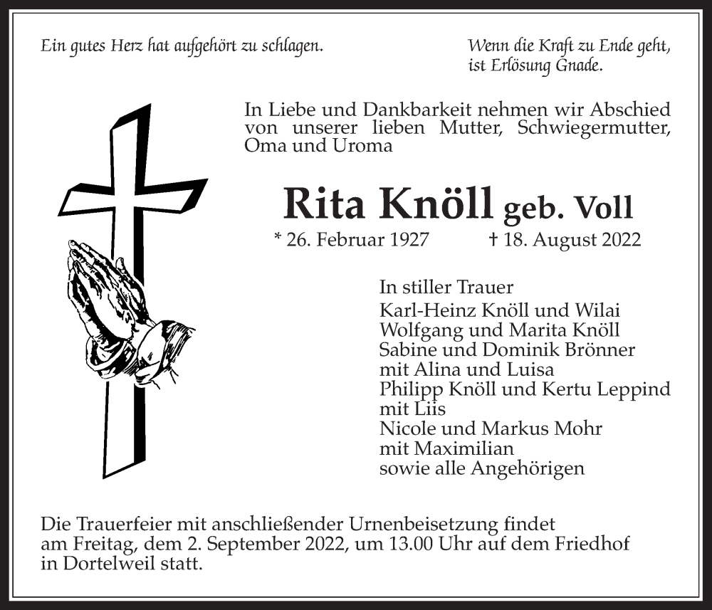  Traueranzeige für Rita Knöll vom 25.08.2022 aus Bad Vilbel/Karben