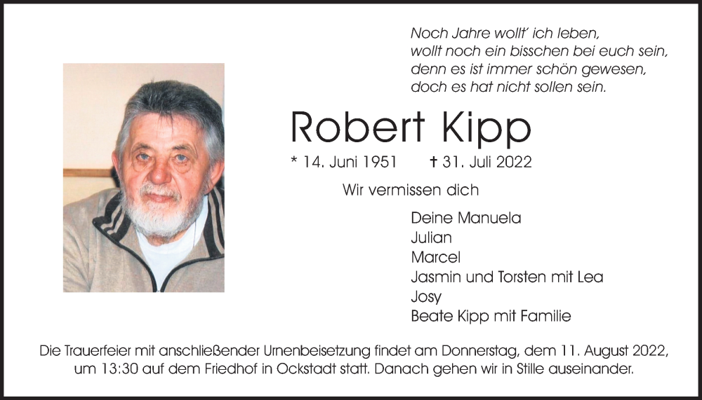  Traueranzeige für Robert Kipp vom 06.08.2022 aus Wetterauer Zeitung