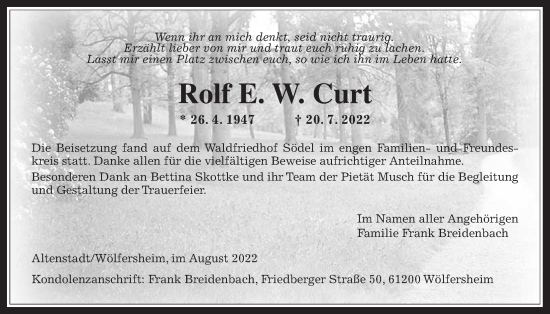 Traueranzeige von Rolf E.W. Curt von Wetterauer Zeitung, Kreis-Anzeiger