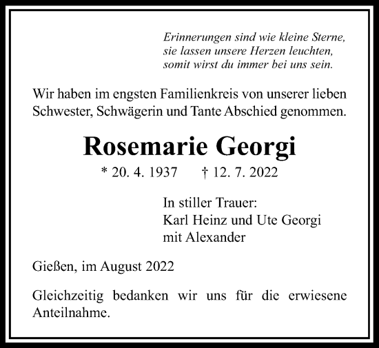 Traueranzeige von Rosemarie Georgi von Giessener Allgemeine, Alsfelder Allgemeine