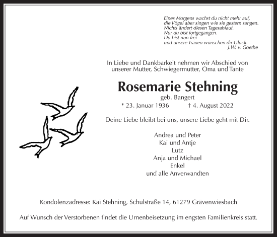 Traueranzeige von Rosemarie Stehning von Usinger Anzeiger