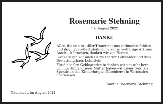 Traueranzeige von Rosemarie Stehning von Usinger Anzeiger