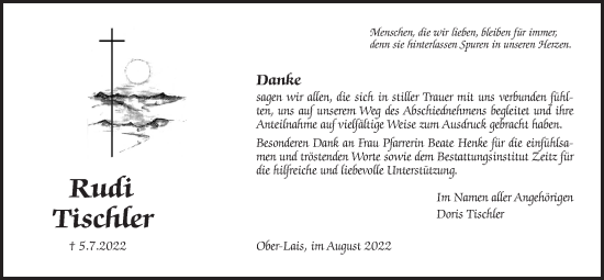 Traueranzeige von Rudi Tischler von Kreis-Anzeiger