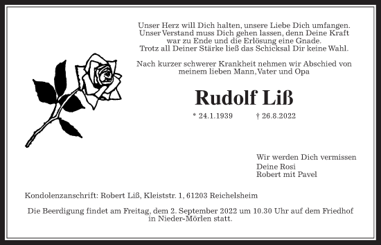 Traueranzeige von Rudolf Liß von Wetterauer Zeitung