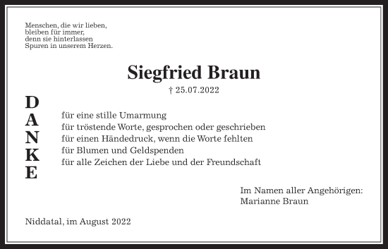 Traueranzeige von Siegfried Braun von Wetterauer Zeitung