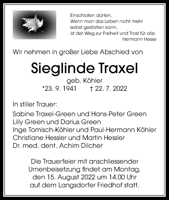 Traueranzeige von Sieglinde Traxel von Giessener Anzeiger