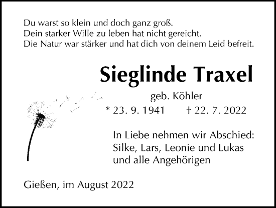 Traueranzeige von Sieglinde Traxel von Giessener Allgemeine, Alsfelder Allgemeine