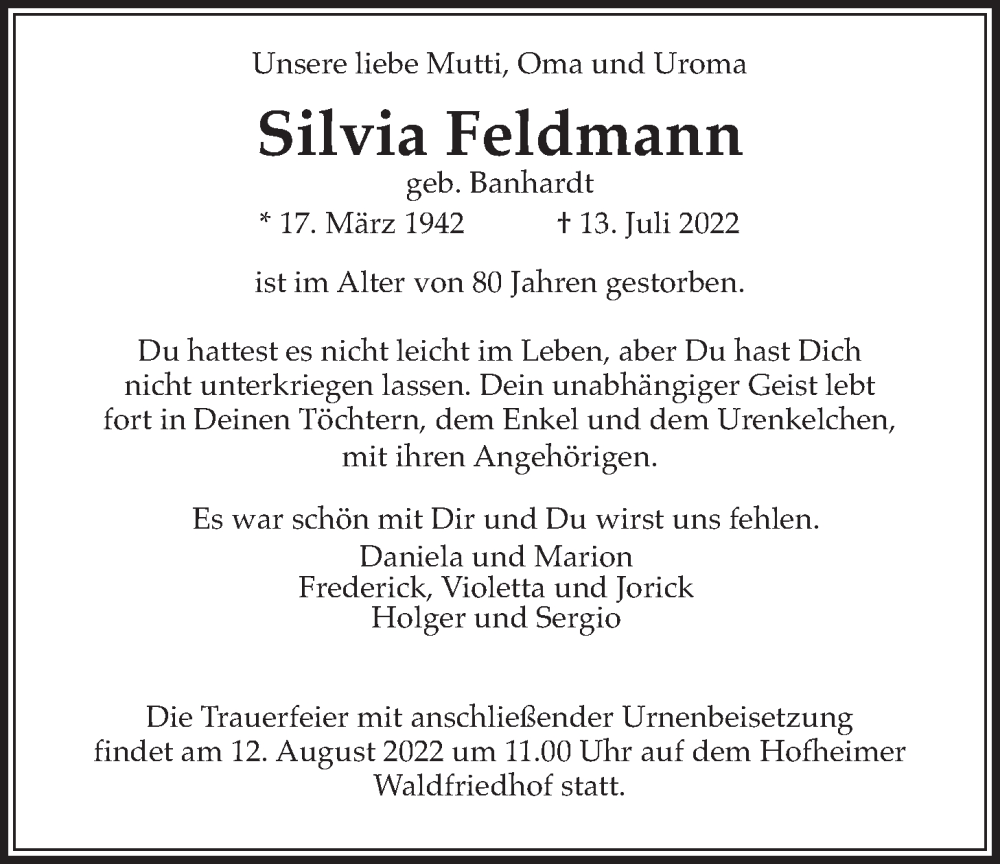  Traueranzeige für Silvia Feldmann vom 05.08.2022 aus 