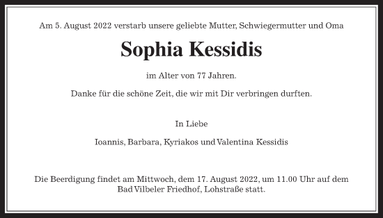 Traueranzeige von Sophia Kessidis von Bad Vilbel/Karben