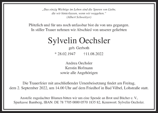 Traueranzeige von Sylvelin Oechsler von Bad Vilbel/Karben