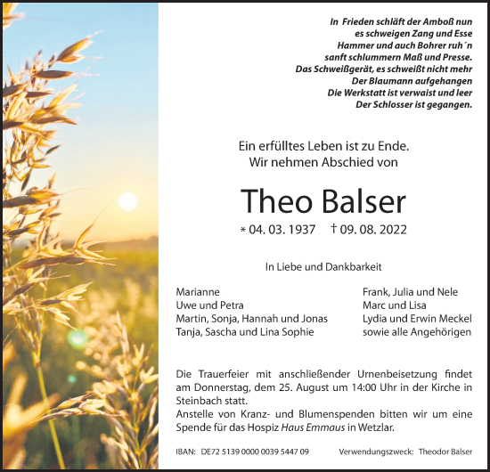 Traueranzeige von Theo Balser von Giessener Allgemeine, Alsfelder Allgemeine