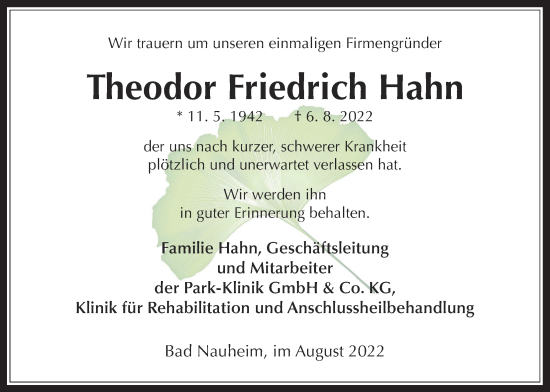 Traueranzeige von Theodor Friedrich Hahn von Wetterauer Zeitung