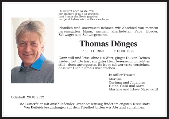 Traueranzeige von Thomas Dönges von Wetterauer Zeitung