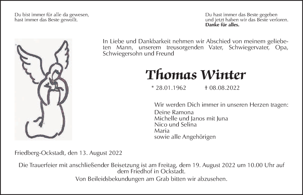  Traueranzeige für Thomas Winter vom 13.08.2022 aus Wetterauer Zeitung