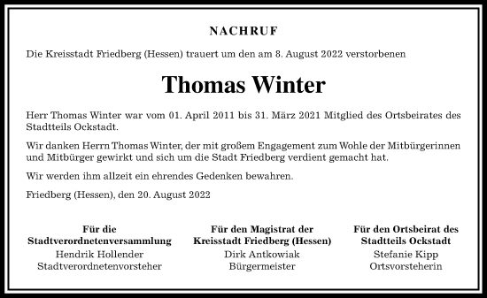 Traueranzeige von Thomas Winter von Wetterauer Zeitung
