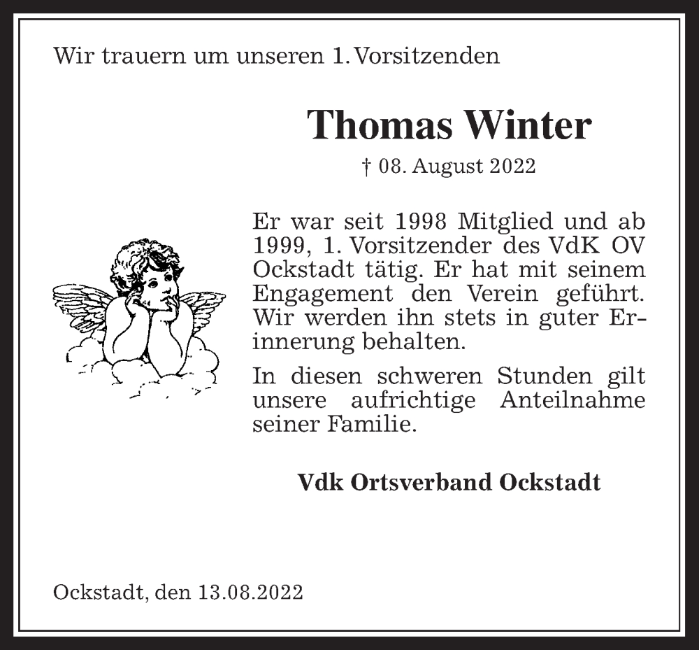  Traueranzeige für Thomas Winter vom 13.08.2022 aus Wetterauer Zeitung