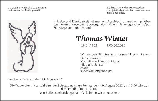 Traueranzeige von Thomas Winter von Wetterauer Zeitung