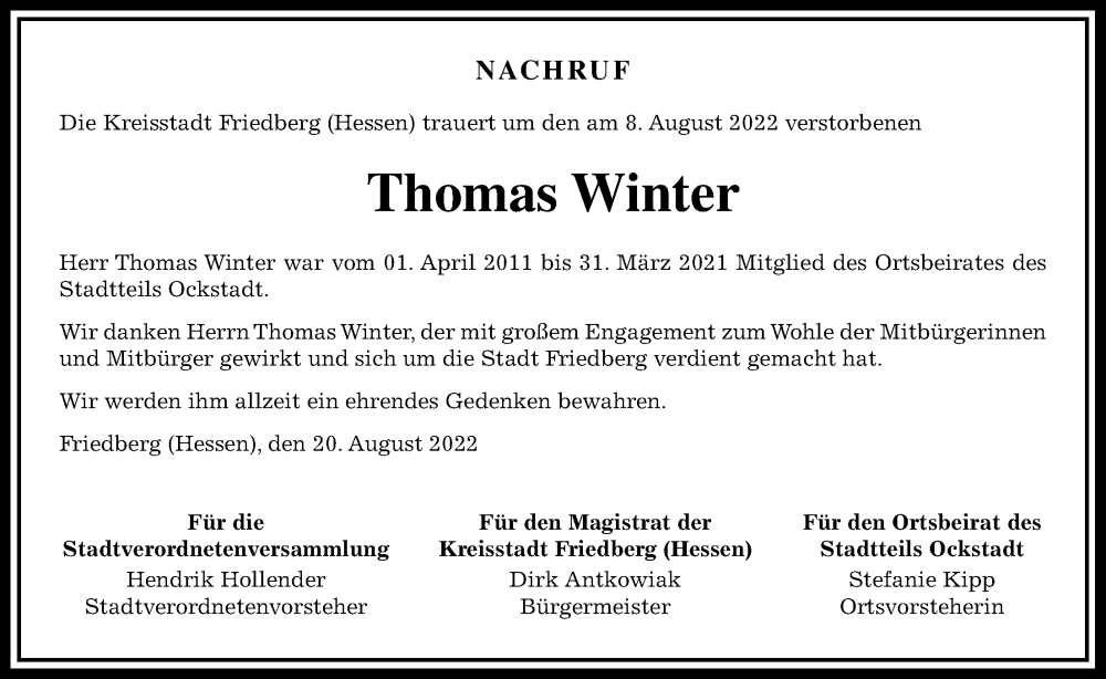  Traueranzeige für Thomas Winter vom 20.08.2022 aus Wetterauer Zeitung