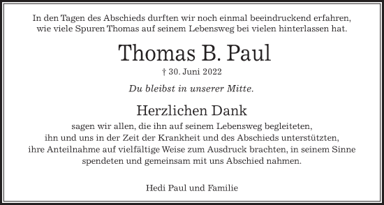 Traueranzeige von Thomas B. Paul von Usinger Anzeiger