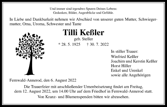 Traueranzeige von Tilli Keßler von Giessener Allgemeine, Alsfelder Allgemeine, Giessener Anzeiger