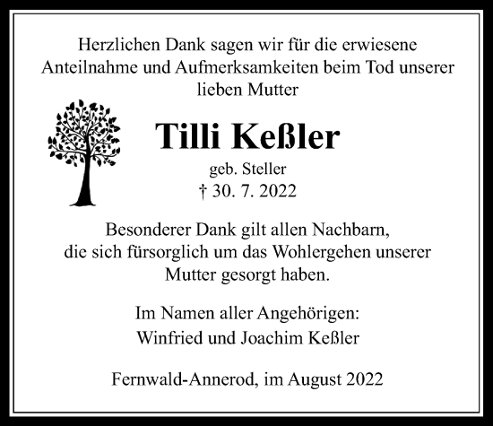 Traueranzeige von Tilli Keßler von Giessener Allgemeine, Alsfelder Allgemeine, Giessener Anzeiger