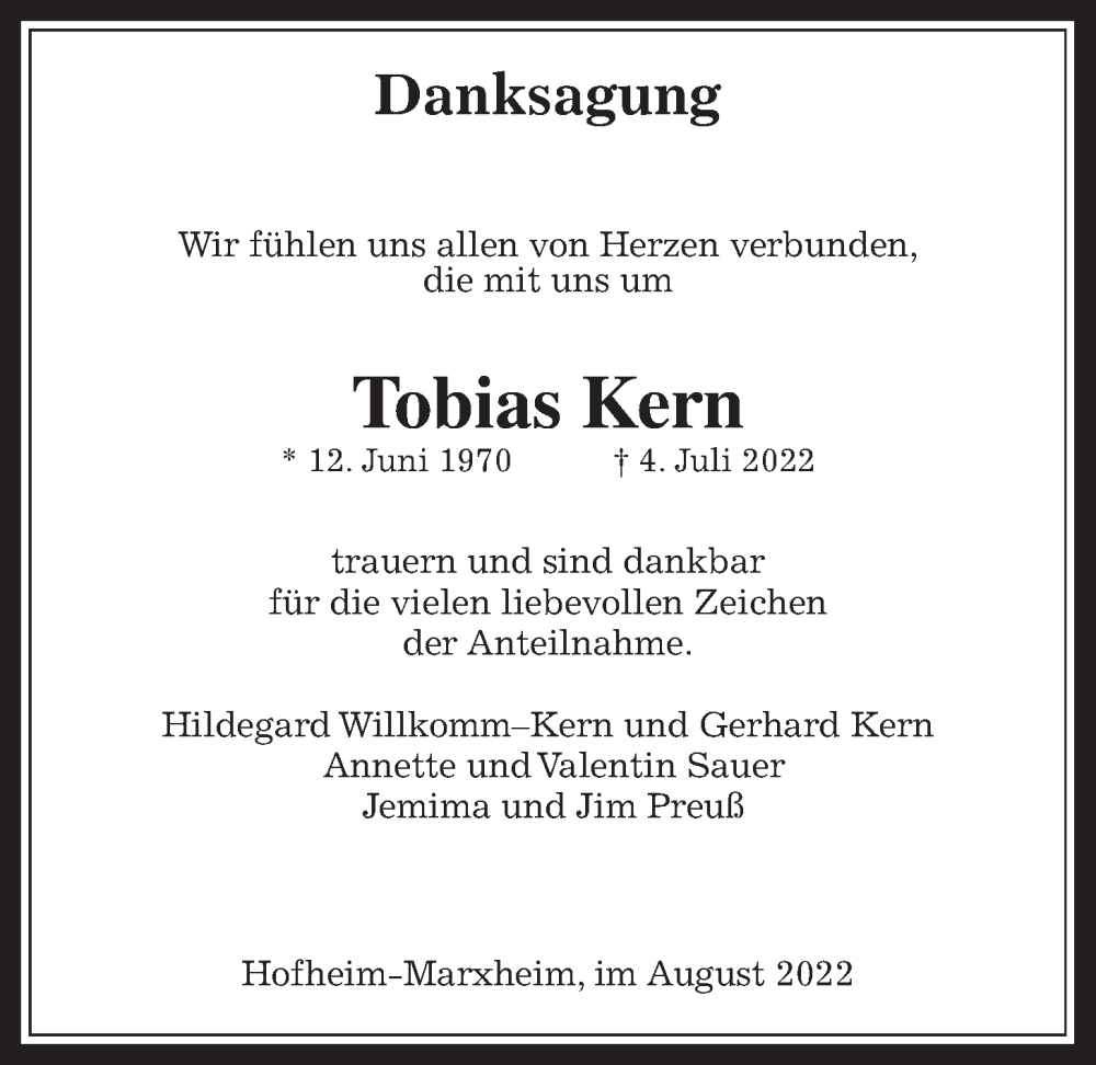  Traueranzeige für Tobias Kern vom 05.08.2022 aus 