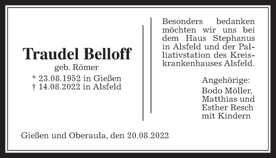 Traueranzeige von Traudel Belloff von Giessener Allgemeine, Alsfelder Allgemeine