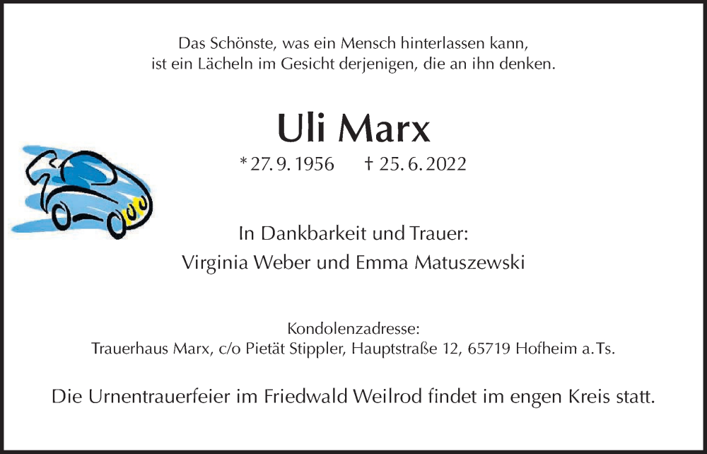  Traueranzeige für Uli Marx vom 05.08.2022 aus 