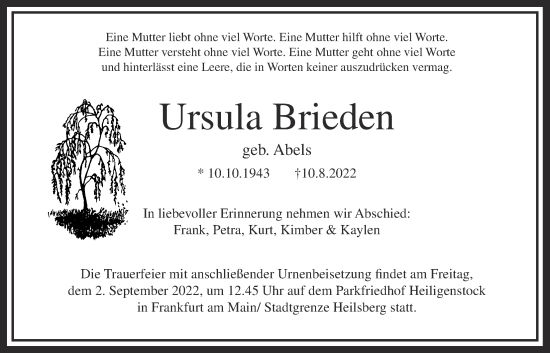 Traueranzeige von Ursula Brieden von Bad Vilbel/Karben