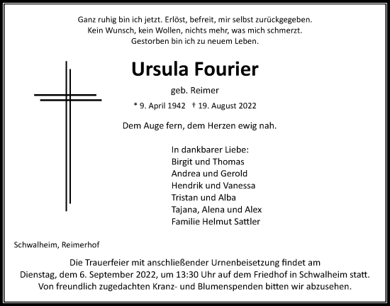Traueranzeige von Ursula Fourier von Wetterauer Zeitung