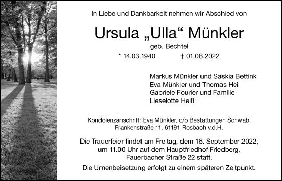 Traueranzeige von Ursula Münkler von Wetterauer Zeitung