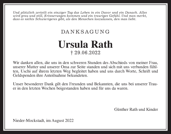 Traueranzeige von Ursula Rath von Wetterauer Zeitung
