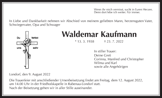 Traueranzeige von Waldemar Kaufmann von Giessener Allgemeine, Alsfelder Allgemeine