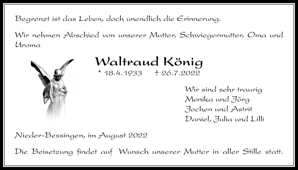  Traueranzeige für Waltraud König vom 04.08.2022 aus Licher Wochenblatt