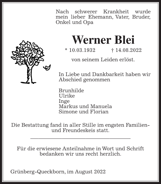 Traueranzeige von Werner Blei von Giessener Allgemeine, Alsfelder Allgemeine