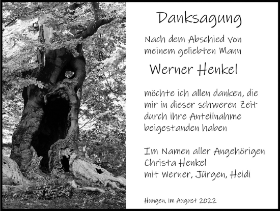 Traueranzeige von Werner Henkel von Licher Wochenblatt