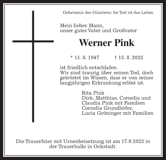 Traueranzeige von Werner Pink von Wetterauer Zeitung
