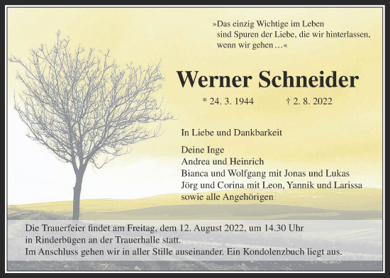Traueranzeige von Werner Schneider von Kreis-Anzeiger