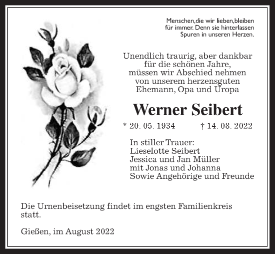 Traueranzeige von Werner Seibert von Wetterauer Zeitung, Giessener Allgemeine, Alsfelder Allgemeine
