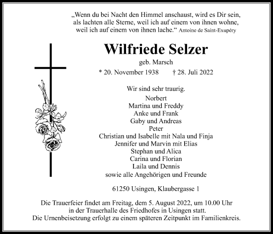 Traueranzeige von Wilfriede Selzer von Usinger Anzeiger