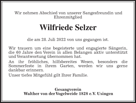 Traueranzeige von Wilfriede Selzer von Usinger Anzeiger