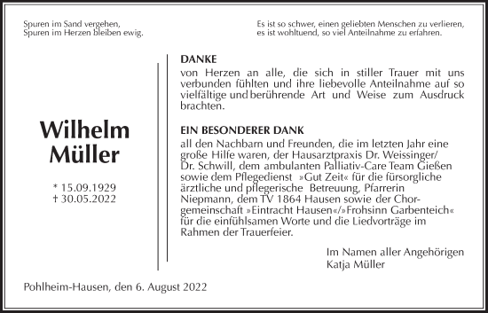Traueranzeige von Wilhelm Müller von Giessener Allgemeine, Alsfelder Allgemeine, Giessener Anzeiger