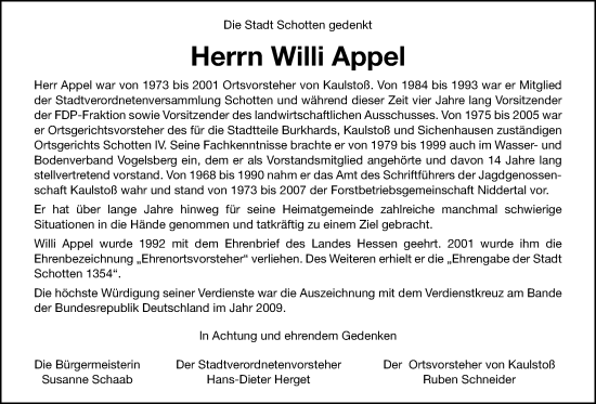 Traueranzeige von Willi Appel von Kreis-Anzeiger