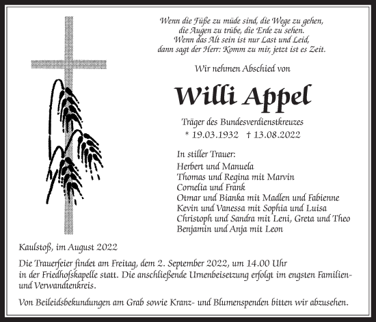 Traueranzeige von Willi Appel von Kreis-Anzeiger