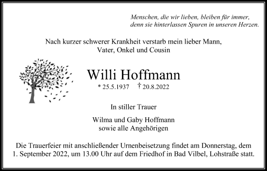 Traueranzeige von Willi Hoffmann von Bad Vilbel/Karben